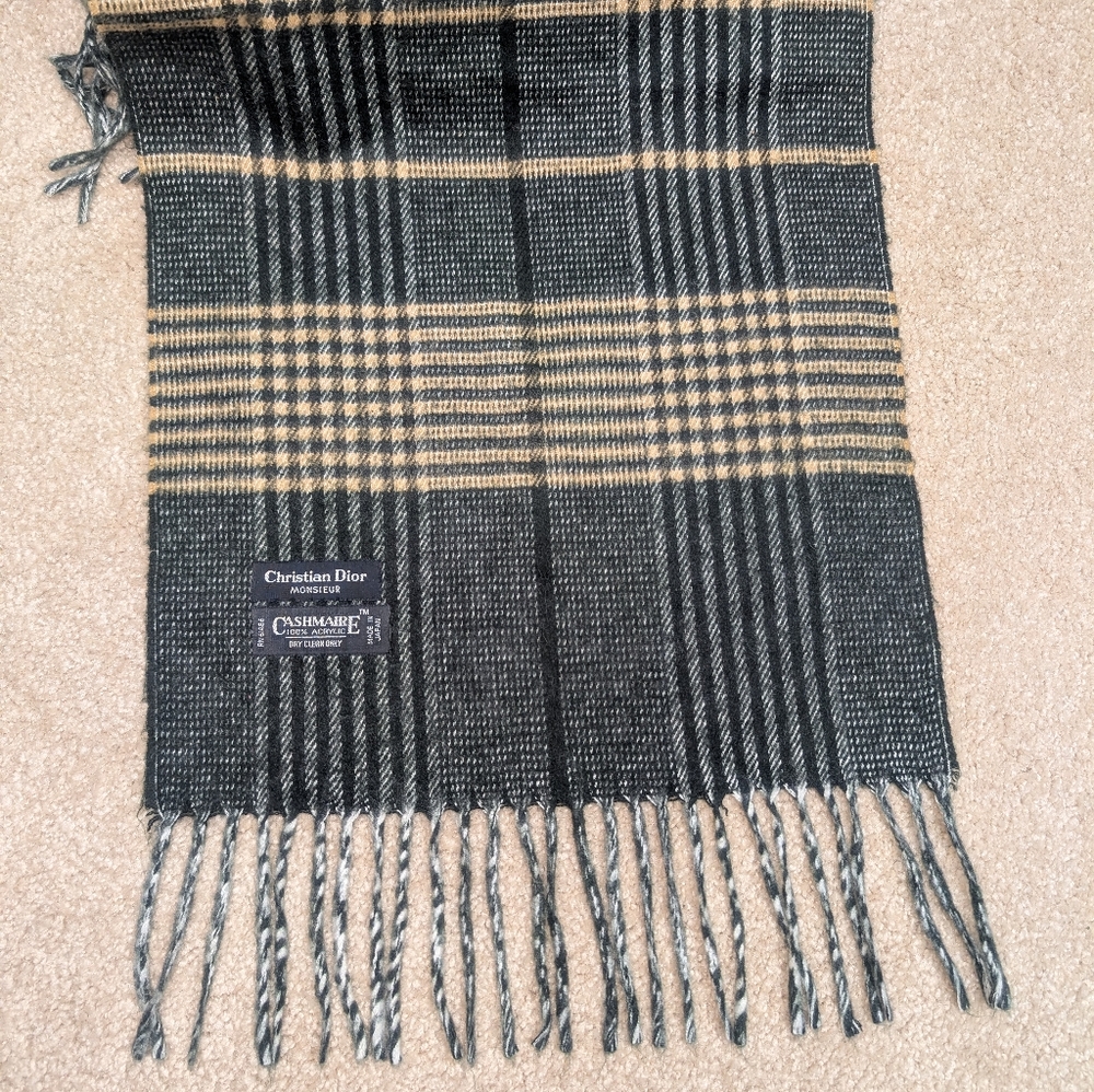 Christian Dior Monsieur CASHMAIRE Fringe Plaid Scarf Black and Tan